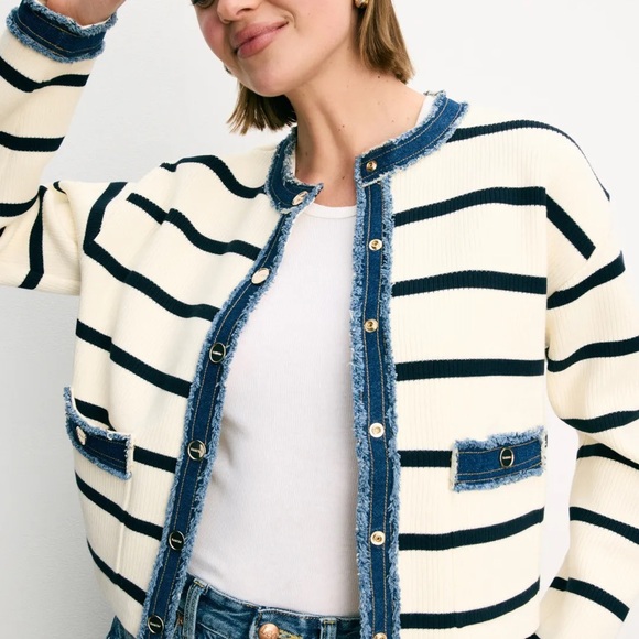 Sandro Sweaters - Sandro Stripey Cardigan with Denim Details